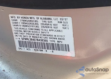 2007 Honda Odyssey Ex z USA, uszkodzony, nr VIN 5FNRL38407B438360